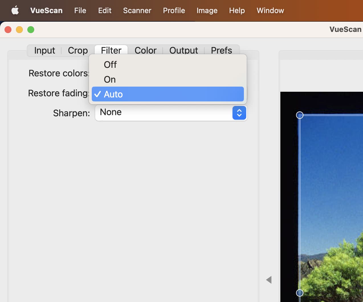The VueScan User Interface showing the options panel with the Restore Fading option set to Auto in 9.7.98