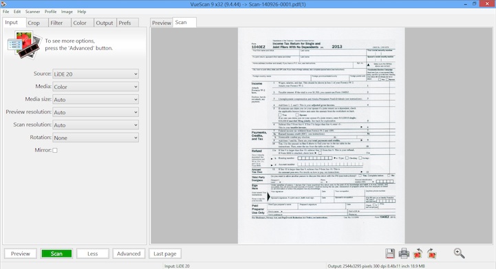 VueScan Screenshot - Input tab on Windows 10