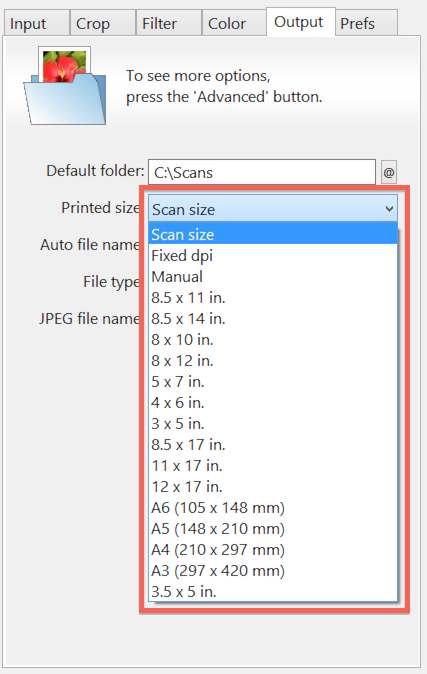 VueScan Screenshot - Printed Size dropdown