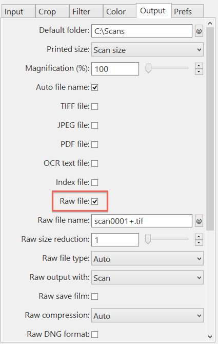 VueScan Screenshot - RAW file option